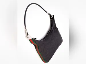 Gucci Vintage Y2K Black Denim Web Stripe Shoulder Hobo Bag Zip Top Silver Hardwa thumbnail 2