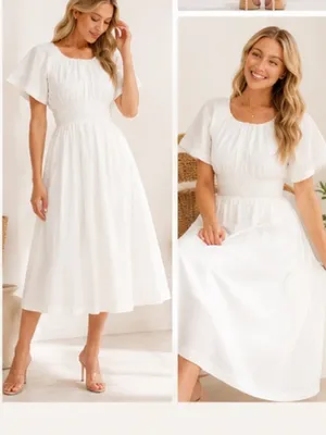 Skies Are Blue Off White Cotton Smocked Waist Maxi Dress with Pockets | Boutique NWT M thumbnail 5