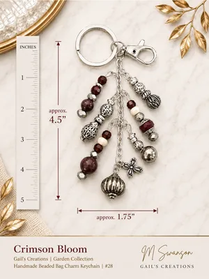 NEW One of a Kind Crimson Bloom Handmade Beaded Bag Charm Keychain (#28) thumbnail 4