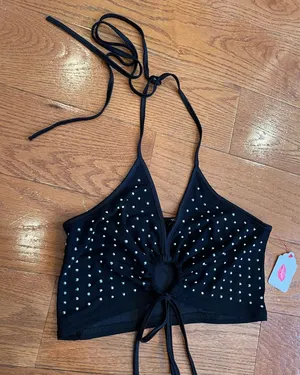 Top Chic Black Rhinestone Halter Crop Top – Y2K Clubwear Tie Front (NWT) thumbnail 1