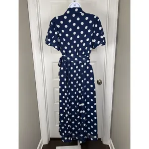 Studio One‎ Navy Polka Dot Midi Dress Tie Waist Button Front S Parisian Coquette thumbnail 4