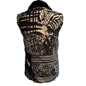 Puffer Vest Faux Fur Lined SM Black White Pockets Quilted Animal Print Multiples thumbnail 6
