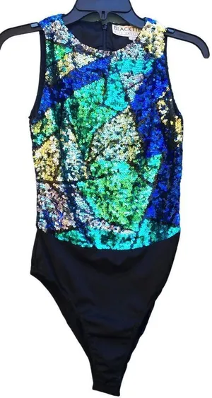 Oleg Cassini Black Tie Vintage Blue Green Sequin Sleeveless Dance Bodysuit S v6x thumbnail 1