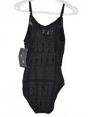 Aqua Green Crochet High Neck Black One Piece Swimsuit Medium thumbnail 5