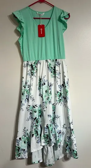 NWT Womens PatPat Ruffle Sleeve Hi-Lo Floral Print Teal White Dress‎ Size Medium thumbnail 1