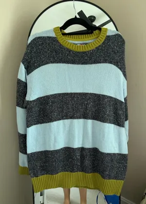 Urban Outfitters Striped Crewneck Sweater in Light Blue, Charcoal and Olive thumbnail 1