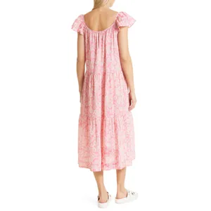 THE GREAT. The Plumeria Cotton Midi Dress Pink Floral Tiered Size 3 Large L thumbnail 3