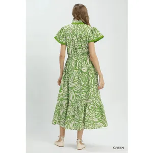 Umgee Paisley Print Midi Dress with Side Pockets - Green - Small thumbnail 3
