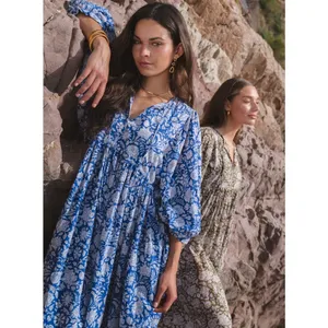House of Sundar Maya Midi Dress 3XL Blue Iris Block Print Cotton Cottagecore thumbnail 2