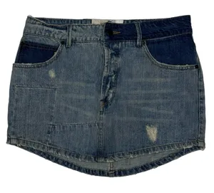 FREE‎ PEOPLE Denim Mini Skirt Women’s Size 27 2 Tone Blue Distressed Button Fly thumbnail 1