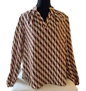 Brown Cream Abstract Wave Print Blouse Long Sleeve Retro Boho Statement thumbnail 1