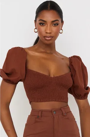 🤎 House of CB Lavanna Cocoa Puff Sleeve Cropped Top Size S NWOT 🤎 thumbnail 1