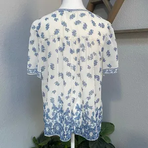 Max Studio White Blouse Floral Butterfly Short Sleeve Blouse Boho Coastal Casual thumbnail 5