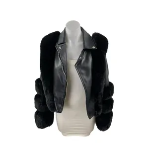 Women's Black Faux Fur Trim Faux Vegan Leather Crop Moto Biker Coat Jacket Sz S thumbnail 2