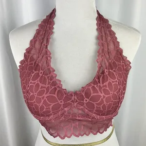 Dark Pink Floral Flower Lace Padded Halter Bralette Bra | Victoria’s Secret PINK thumbnail 1