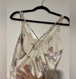 Vintage Floral Satin Slip Nightgown Lingerie Cottagecore pearl dangle midi dress thumbnail 9