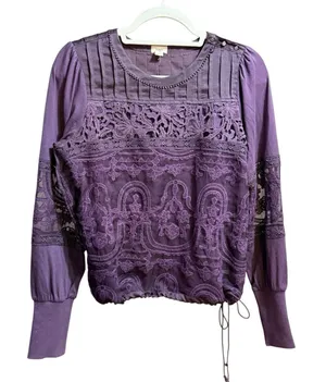 TINY by‎ Anthropologie Violet Lace Mixed Media Blouse Sz S thumbnail 1