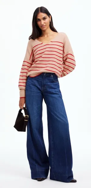 Madewell Wedged V-Neck Sweater Pale Blush Stripe Size Medium‎ thumbnail 1