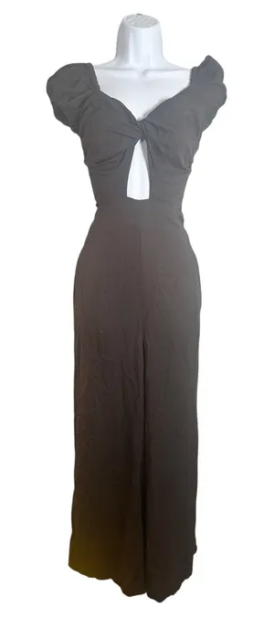 The Wild Melon Brown Cutout Puff Sleeve Wide Leg Jumpsuit Small thumbnail 1