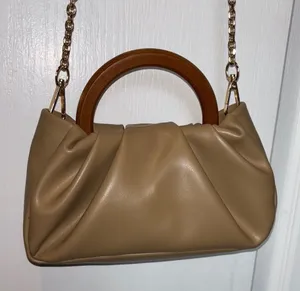 Tan Handbag with Wooden Handle Vegan Leather Adorable and Chic Crossbody Chain thumbnail 1