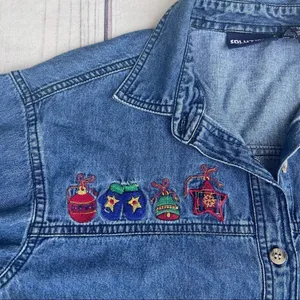 Solutions Denim Christmas Holiday Denim Button Up Shirt Embroidered‎ Small Ugly thumbnail 10