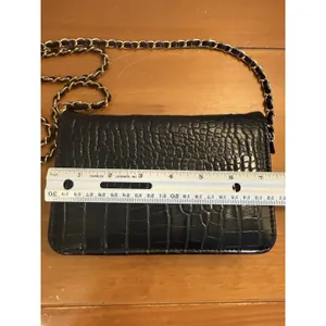 Bebe Fabiola Stamped Crocodile Faux Leather Crossbody Small‎ Handbag Black Gold thumbnail 9
