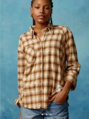 BDG Urban Outfitters Brown Plaid Distressed Flannel Button-Down Shirt thumbnail 2