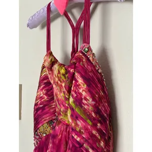 Gorgeous NWT XL Silk Rhinestone Pink Green Maxi Dress Formal Wedding Guest Y2K thumbnail 4