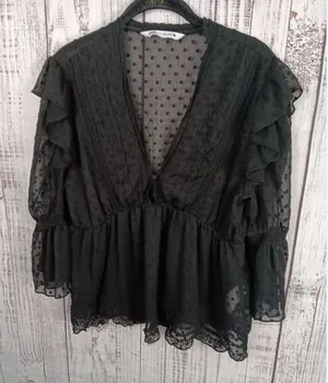 Zara‎ Black Swiss Dot Ruffled Scalopped bottom Sheer Blouse Women's Small thumbnail 1