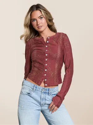 FREE PEOPLE Jae Knit Sheer Lace Long Sleeve Top Cardigan Cropped Y2K Boho XS thumbnail 3