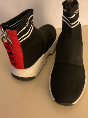 DKNY women Black Knit High-Top Sneakers with Red Heel Zip platform sneakers US 9 thumbnail 7