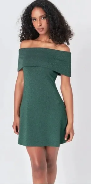 Anthropologie Endless Rose Lurex Knit Off Shoulder Sparkly Green Dress Size Smal thumbnail 1