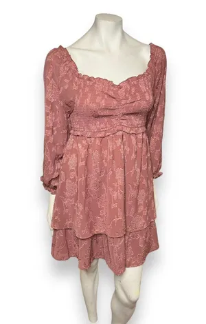Pink Lily | Textured Floral Long Sleeve Cinched Bust Smocked Mini Tiered Dress L thumbnail 10