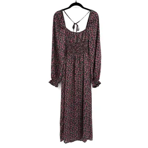 Code Mode Floral Smocked Long Sleeve Midi Dress Black Red Boho Cottagecore Sz M thumbnail 2