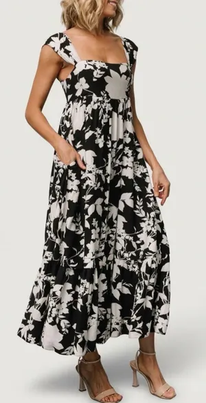 Baltic Born Aita Maxi Dress Black Ivory Floral Tiered Maternity Friendly Size L thumbnail 1