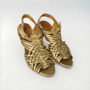 Tory Burch Nadia Metallic Gold Woven Leather Heels Sandals 9M thumbnail 2