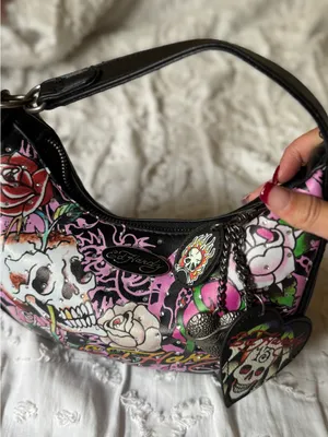Ed Hardy Black & Pink Skull Rose Hobo Bag thumbnail 2