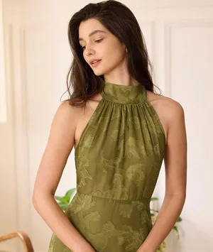 RIHOAS The Green Jacquard Ruched Halter Midi Dress 76 thumbnail 3