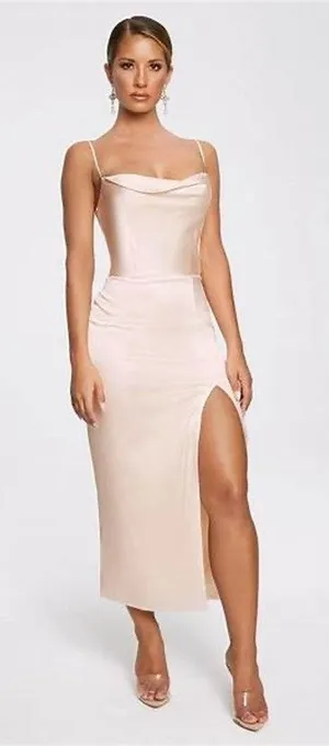 Meshki Kimberly Ivory Satin Cowl Neck Slit Cocktail Slip Dress Size Medium thumbnail 1