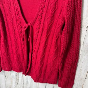 Vintage 90s Grandma Red Knit Acrylic Tie‎ Front Cardigan Sweater Womens Medium thumbnail 2