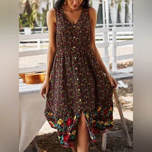 Amazon Bohemian V-Neck Printed Gathered Waist Midi Dress thumbnail 2