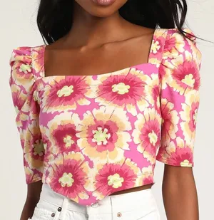 Free People Give Me More Pink Multi Floral Half Sleeve Crop Top NWT thumbnail 1