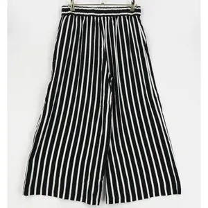 H&M Striped Culotte Pants Women 12 Black White Tan Wide Leg Cropped Pull On thumbnail 2