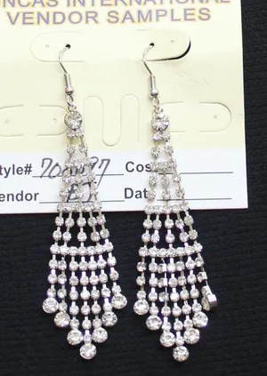 NWT Chandelier Rhinestone Fringe Dangly Earrings Silver Gray / Clear 3.5" thumbnail 1
