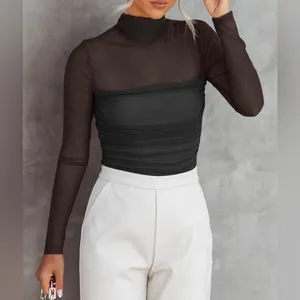 NWT REORIA Black Mesh Mock Neck Long Sleeve Ruched Bodysuit Top -Small thumbnail 3