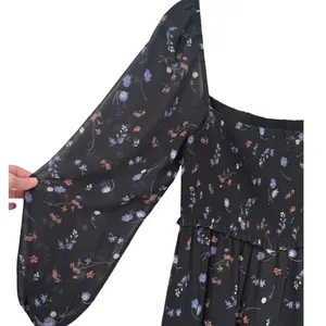 Aritzia Wilfred Black Floral Smocked Square Neck Long Sleeve Midi Dress Sz Large thumbnail 9