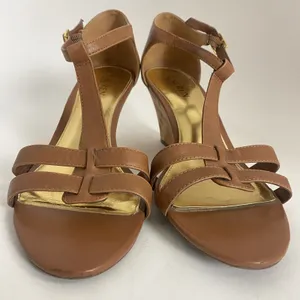 Lauren Ralph Lauren Wedge Sandals Women 10B T Strap Harleen Leather‎ Cork Heels thumbnail 5