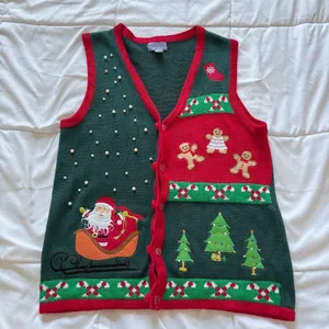 Vintage Laura Scott Christmas Sweater Vest Large Green Red Santa Gingerbread thumbnail 1