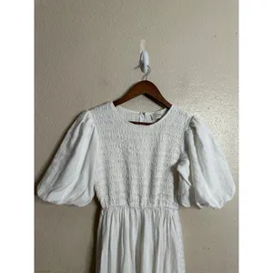 Dissh White 100% Linen Puff Sleeve Smocked Midi Dress Cottagecore Coastal US 6 thumbnail 7