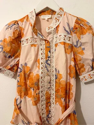 Entro Fall Floral Mini Dress Tie Belt Lace Detail Short Sleeve Size Small S thumbnail 5